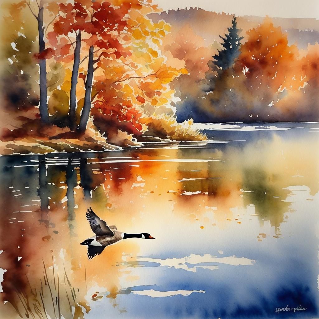Watercolor Goose Flying Over Autumn Lake