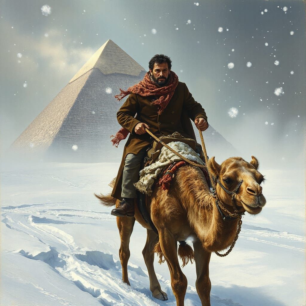 Camel Rider in Icy Pyramid Snowstorm
