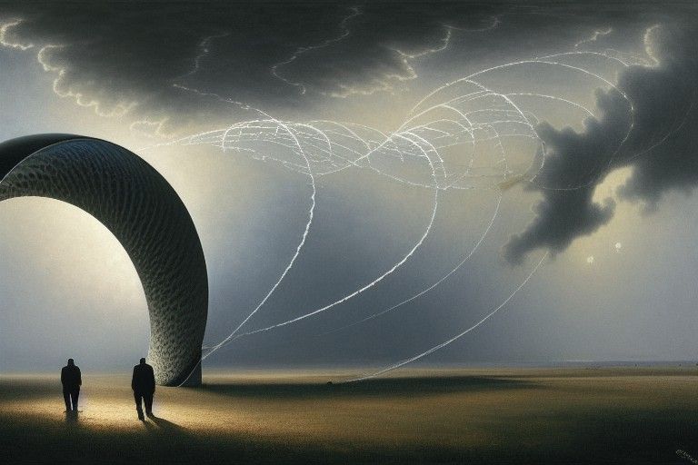 Surreal World Walker on Metal Arch in Liminal Space