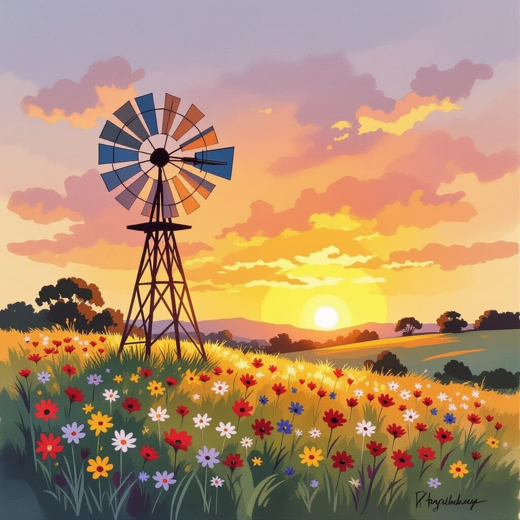 Windmill Sunset: A Vibrant Watercolor Painting