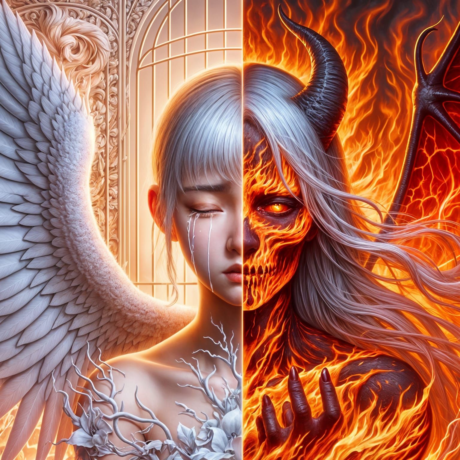 Angelic Despair Meets Infernal Flames in Anime Style