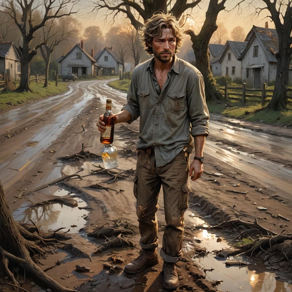 Drunkard Slumped by Tree in Surreal Realism