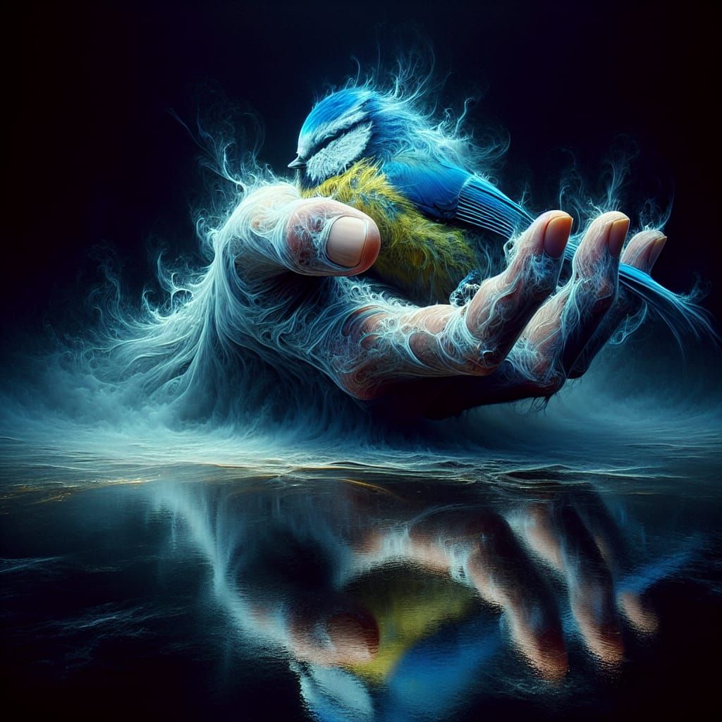 Blue Tit in Smokey Hand, Ethereal Landscape Painting
