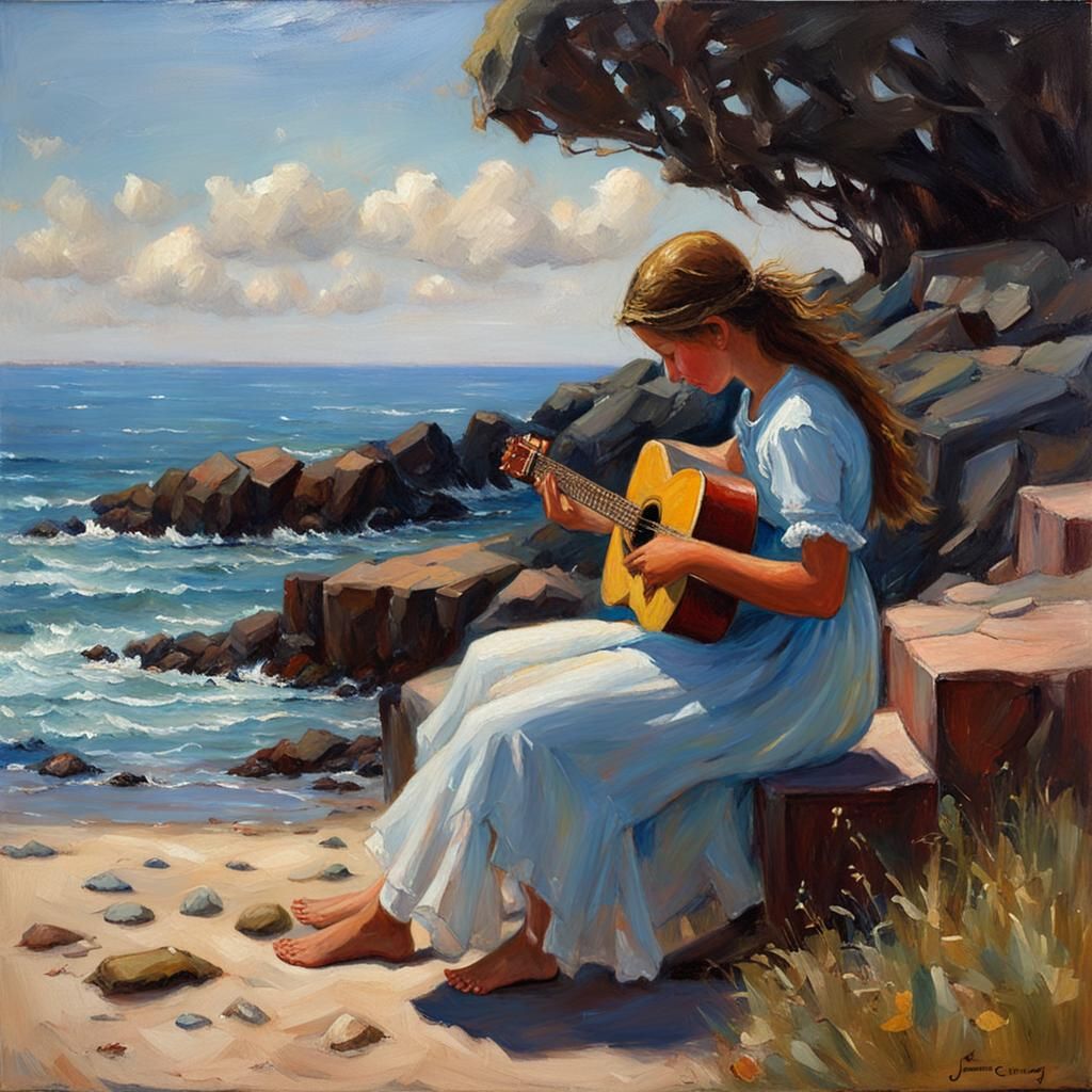 Girl Plays Guitar: Oil Painting by the Sea