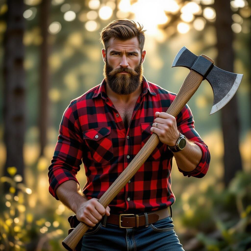 Photorealistic Lumberjack Swinging Axe in Forest Clearing