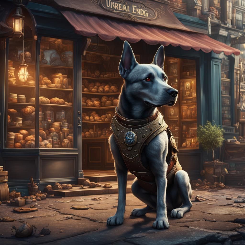 Cool Dog Outside Shop in Fantasy Art Style
