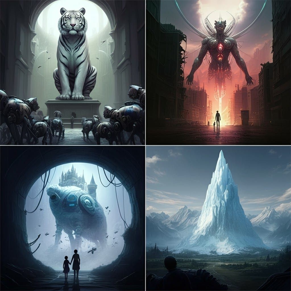 Cyborg Tiger Statue with Robot Dogs, Digital Art