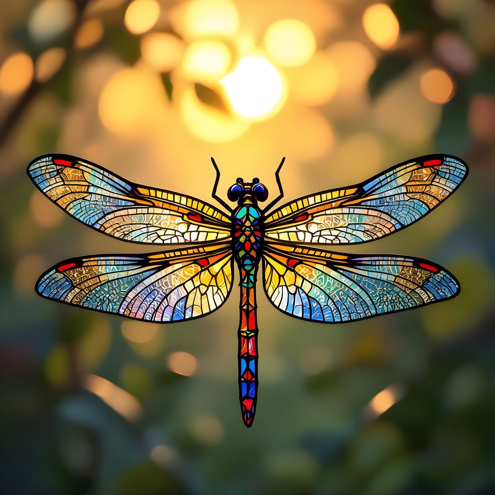 Vibrant Stained Glass Dragonfly in Art Nouveau Style