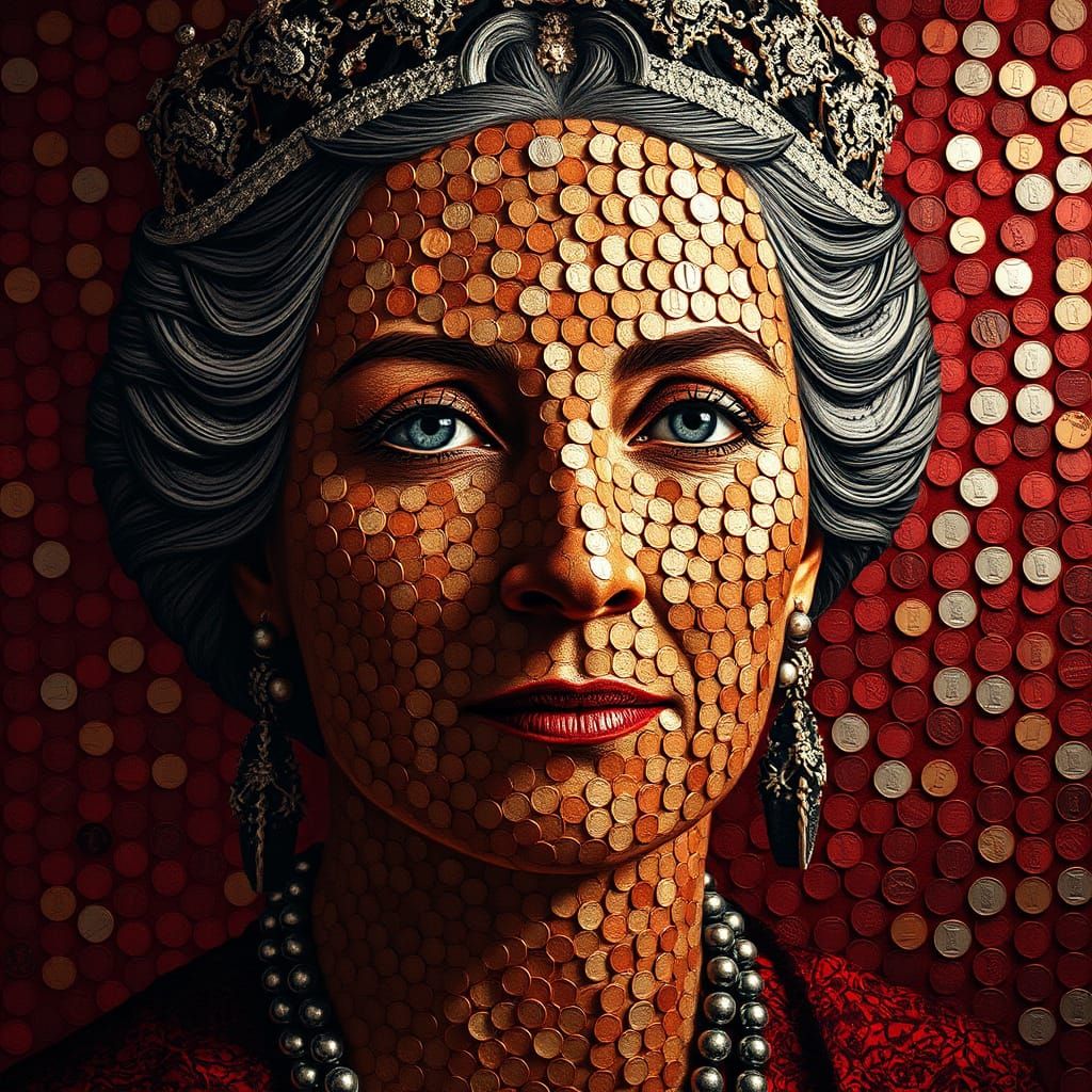 Regal Queen Mosaic Portrait Made of Coins