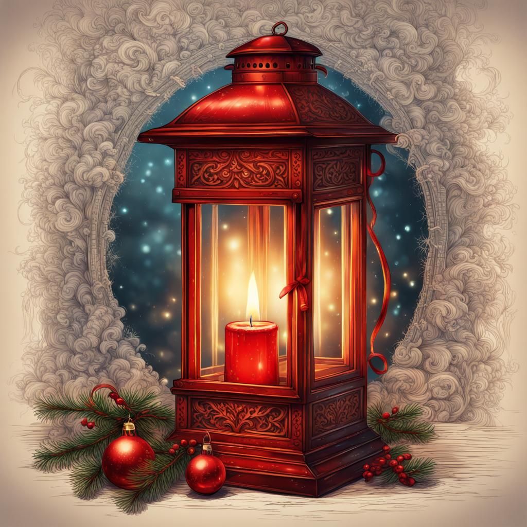 Vintage Christmas Lantern with Candle in Detailed Art