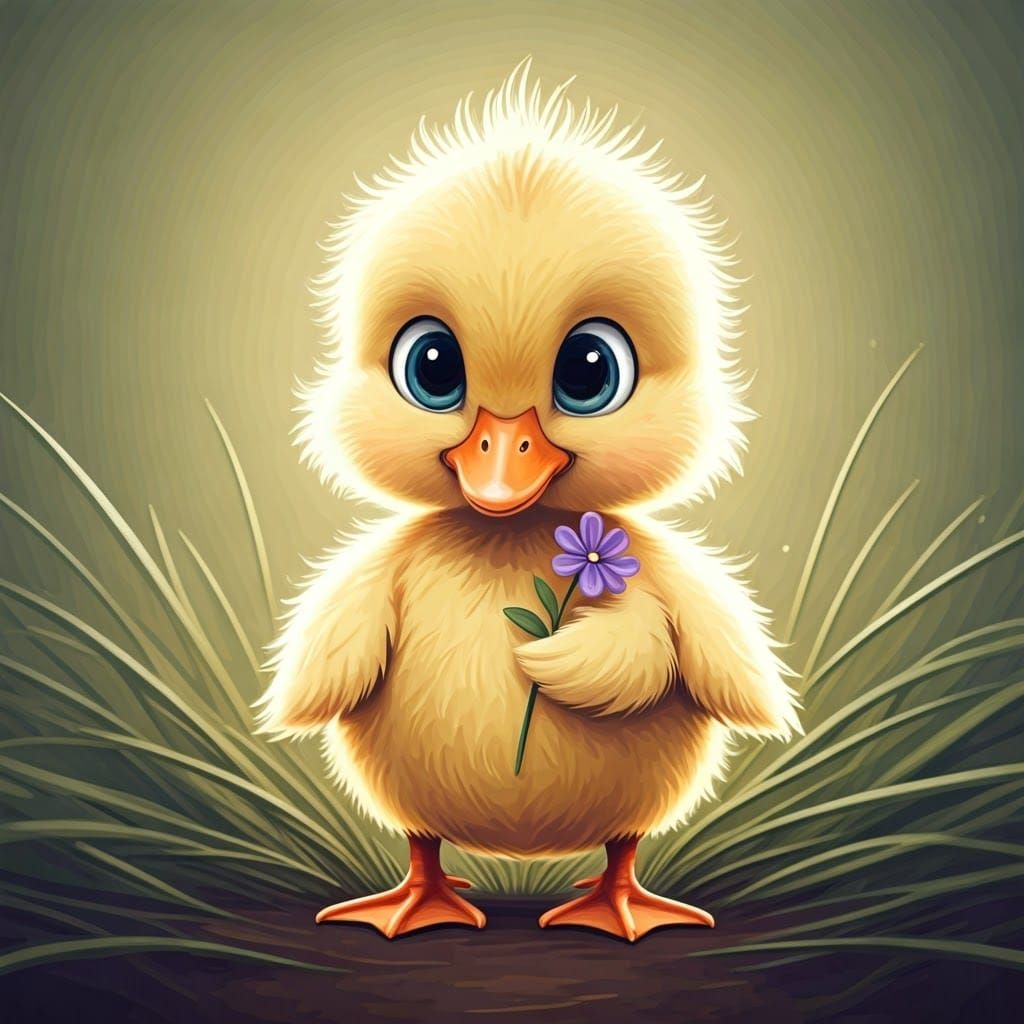 Cartoon Duckling with Flower in Disney Animation Style