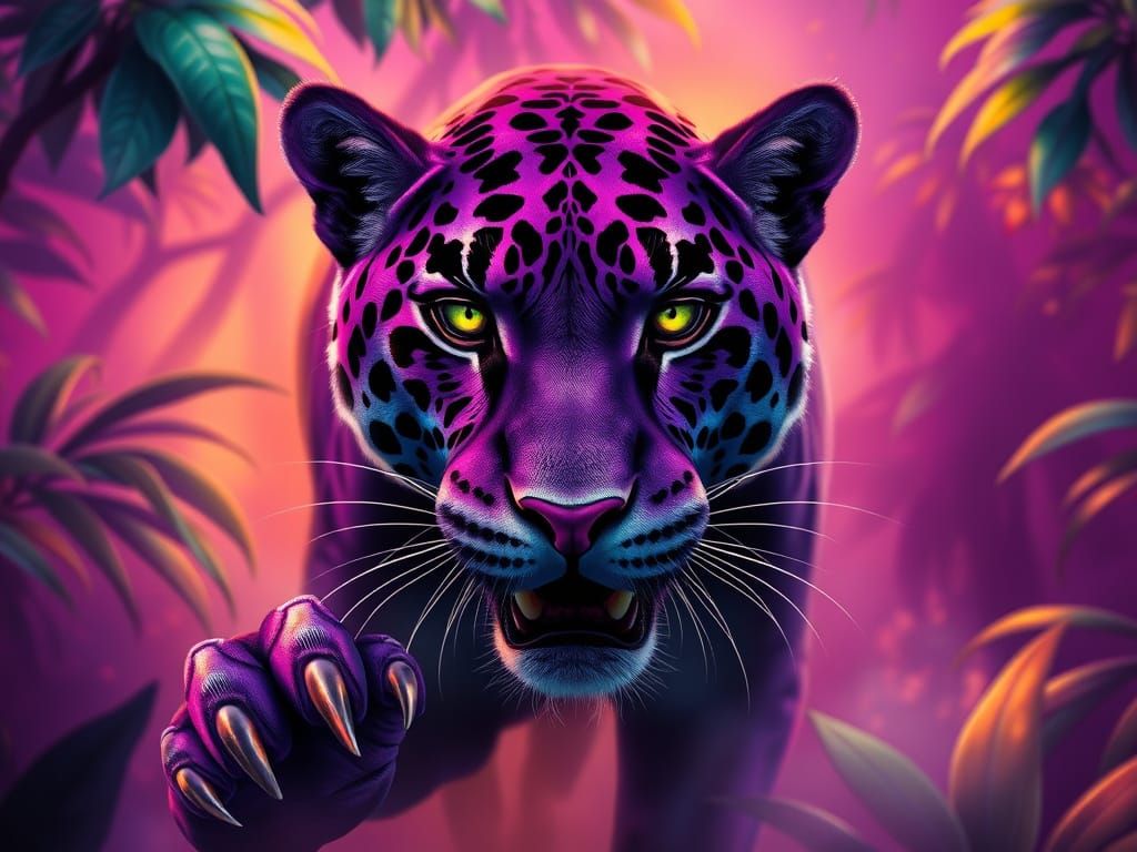 Purple jaguar in a purple rainforest