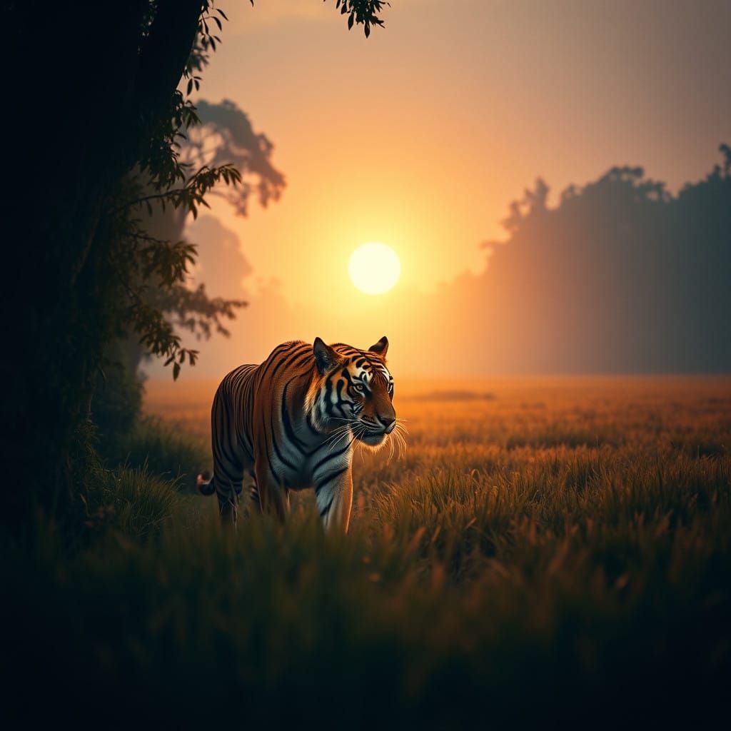 Majestic Bengal Tiger Emerges from the Forest into the Golde...
