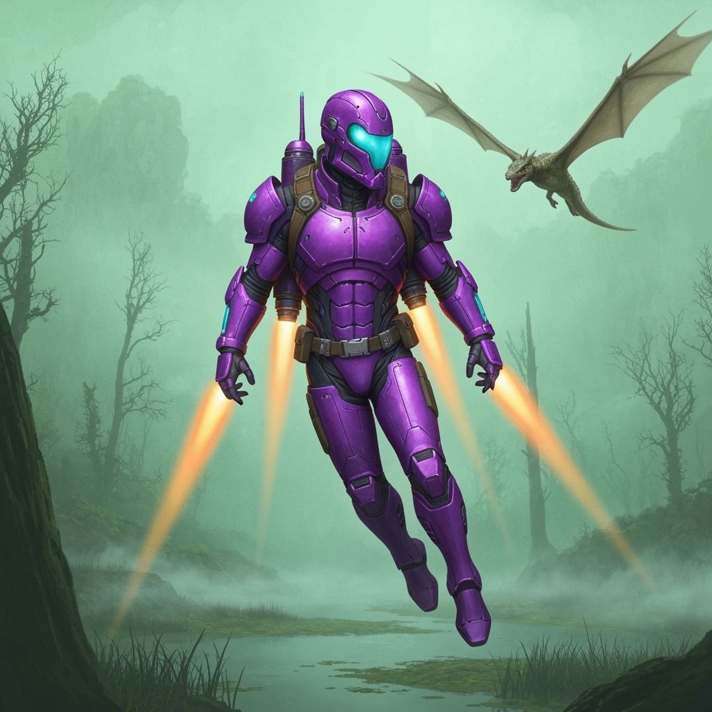 Purple Bounty Hunter Soaring Over Eerie Swamp