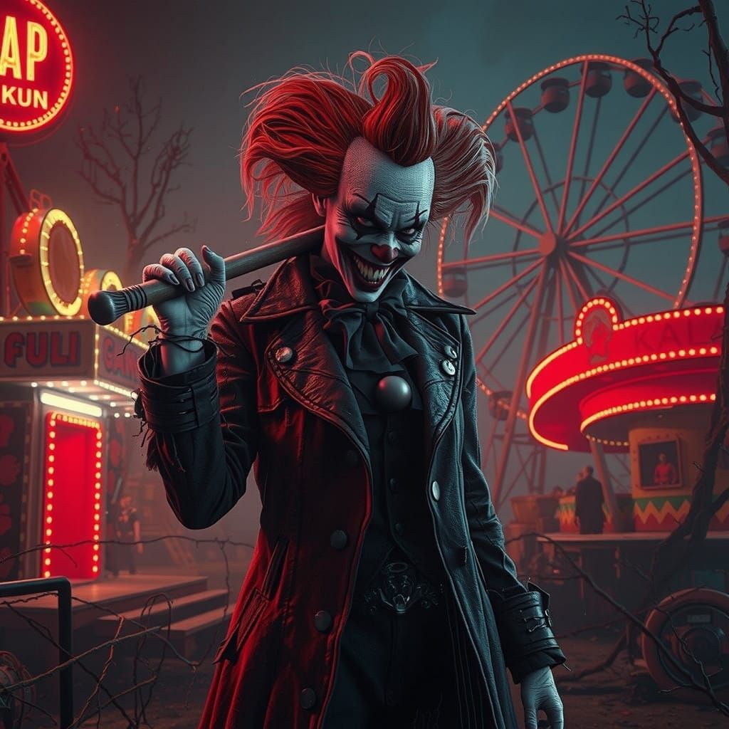 Cyberpunk Female Clown in a Haunting Carnival Ruin
