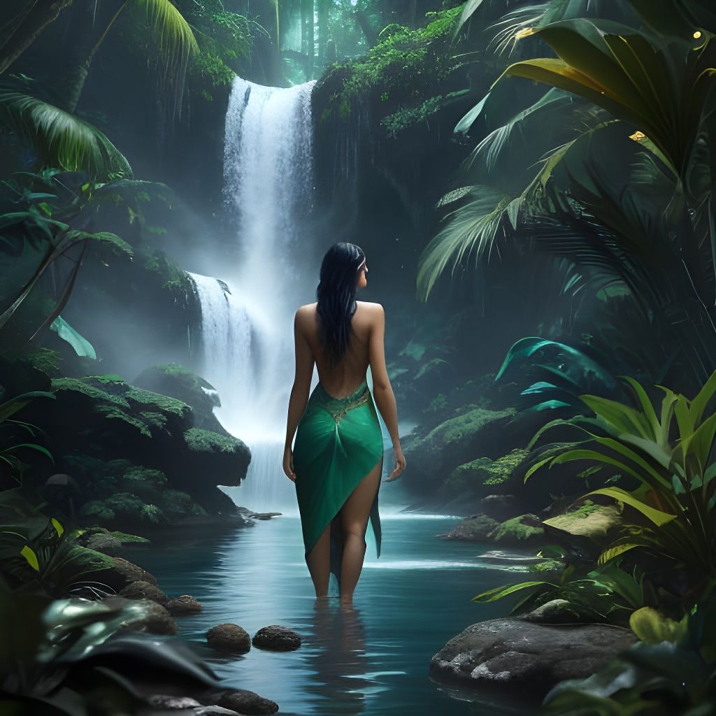 Woman by Waterfall in Untouched Jungle