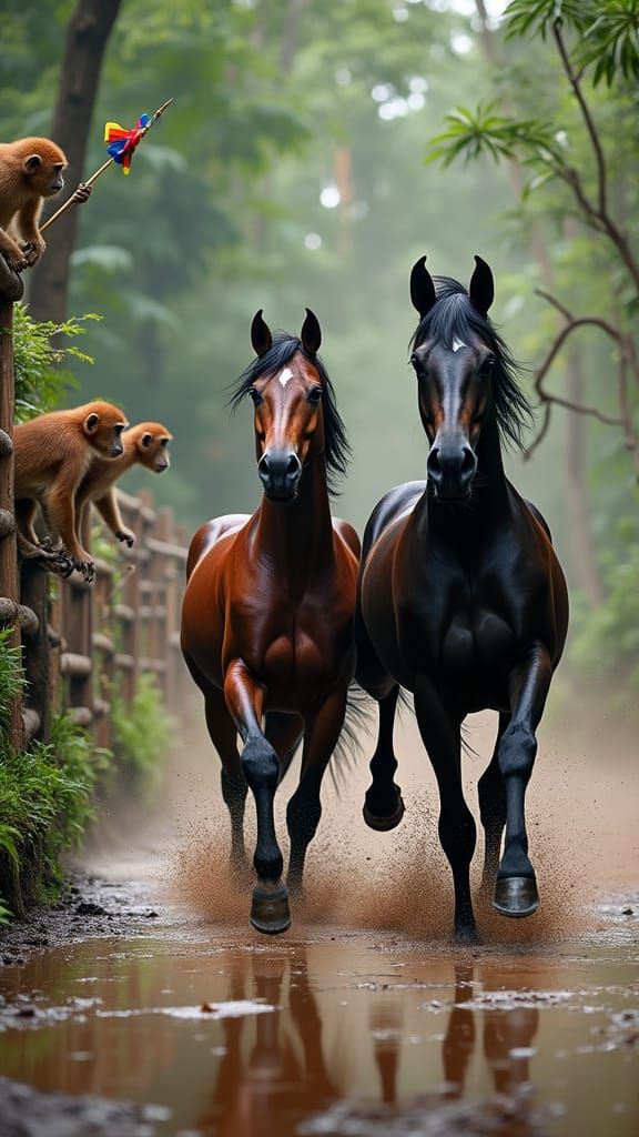 Majestic Horses Cross Finish Line, Surrounded by Mischievous...