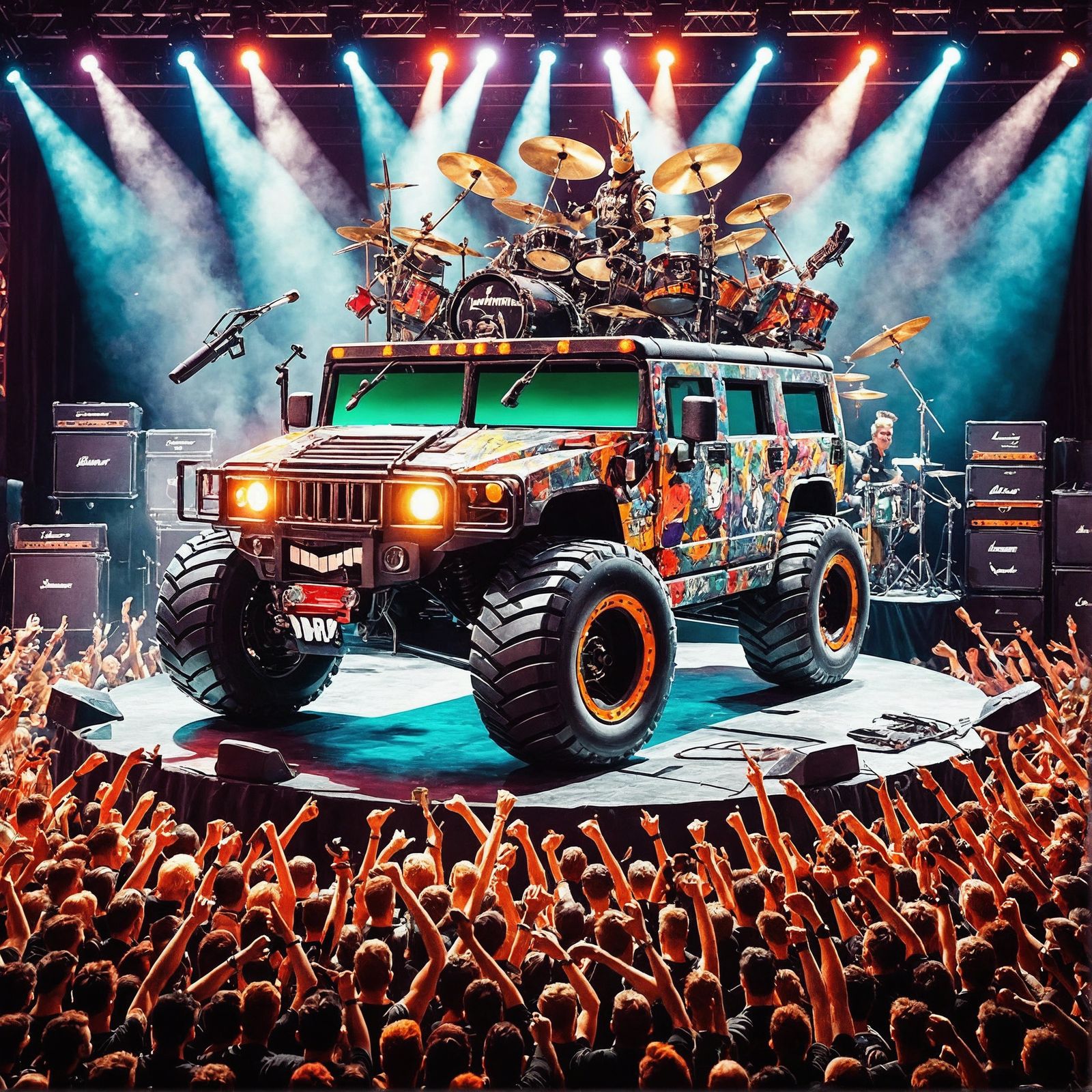 Punk Rock Hummer Plays Drums on Stage
