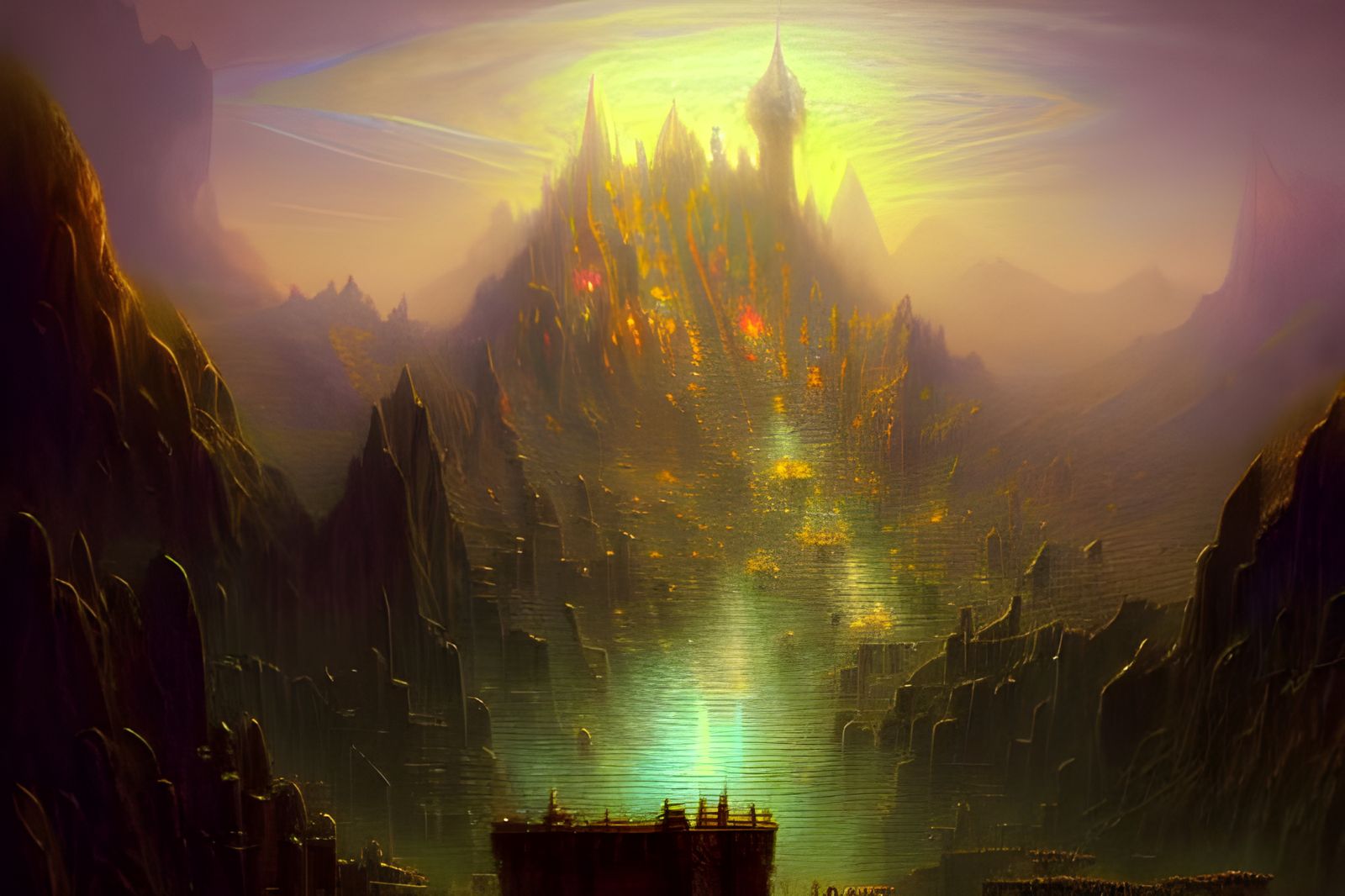 Surreal Fantasy Mountain Town in Digital Painting