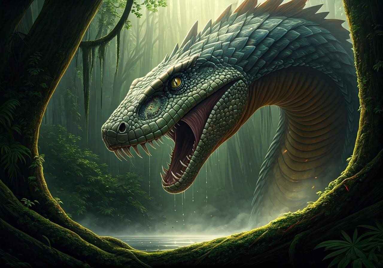 Winged Dinosaur-Snake Roars in Lush Jungle