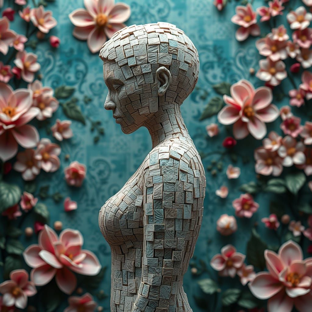 Surreal Goddess Constructed from Intricate Stone Blocks in V...
