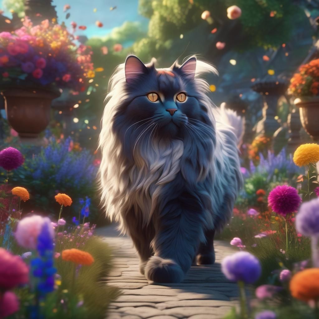 Bobtail Cat in Vibrant Garden: Detailed Matte Painting
