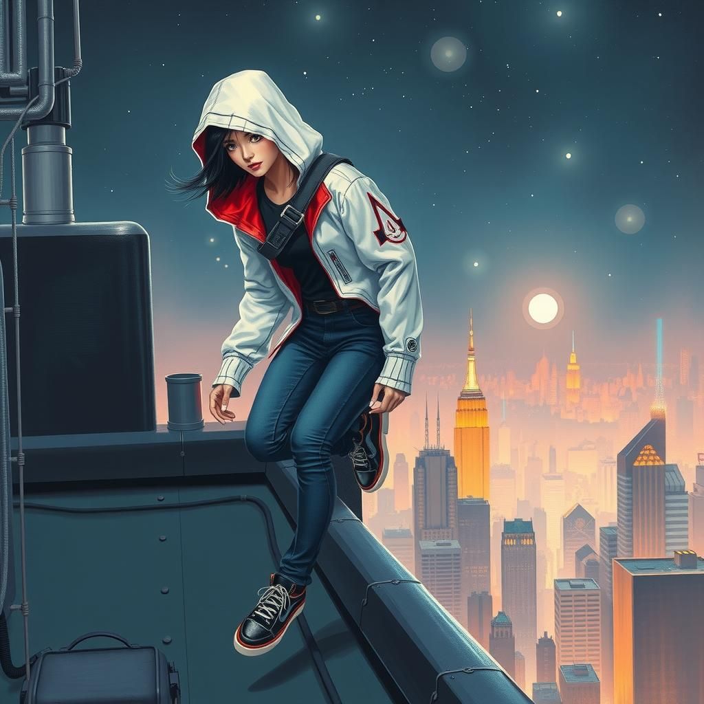Cyberpunk Robotic Woman Parkours Across Futuristic Rooftop