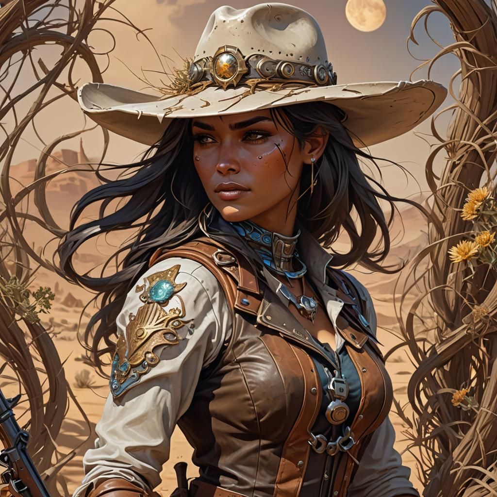 Female Gunslinger Portrait on Barren Martian Landscape