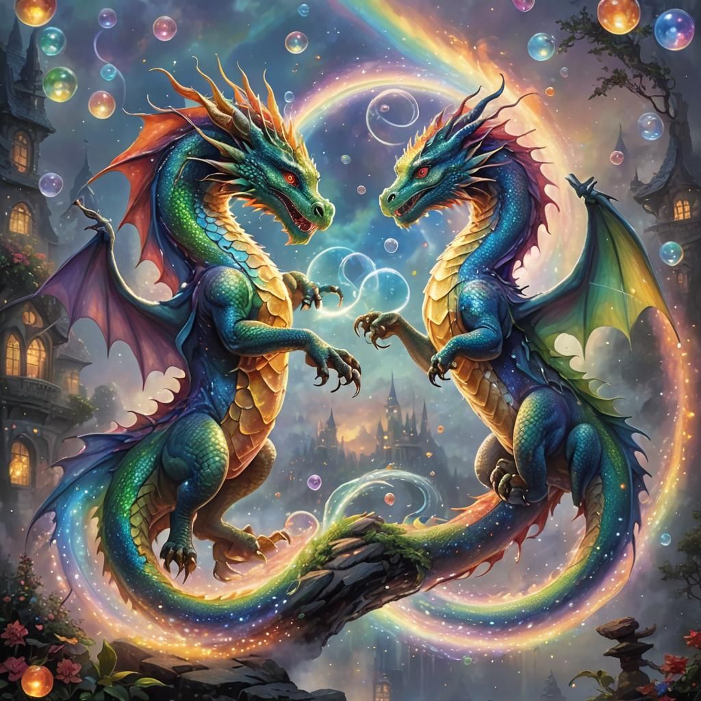 Rainbow Dragons Form Infinity Symbol in Fantasy Style