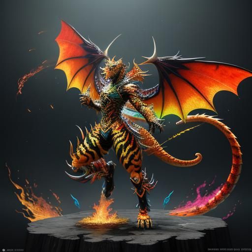 Rainbow Fractal Tiger with Dragon Wings, 3D Anime Art