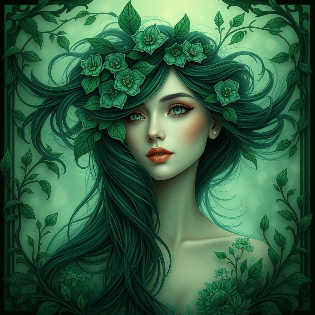 Use the color Green as the dominant color of the image. Make sure it uses the style Art Nouveau. Examples include flowin...