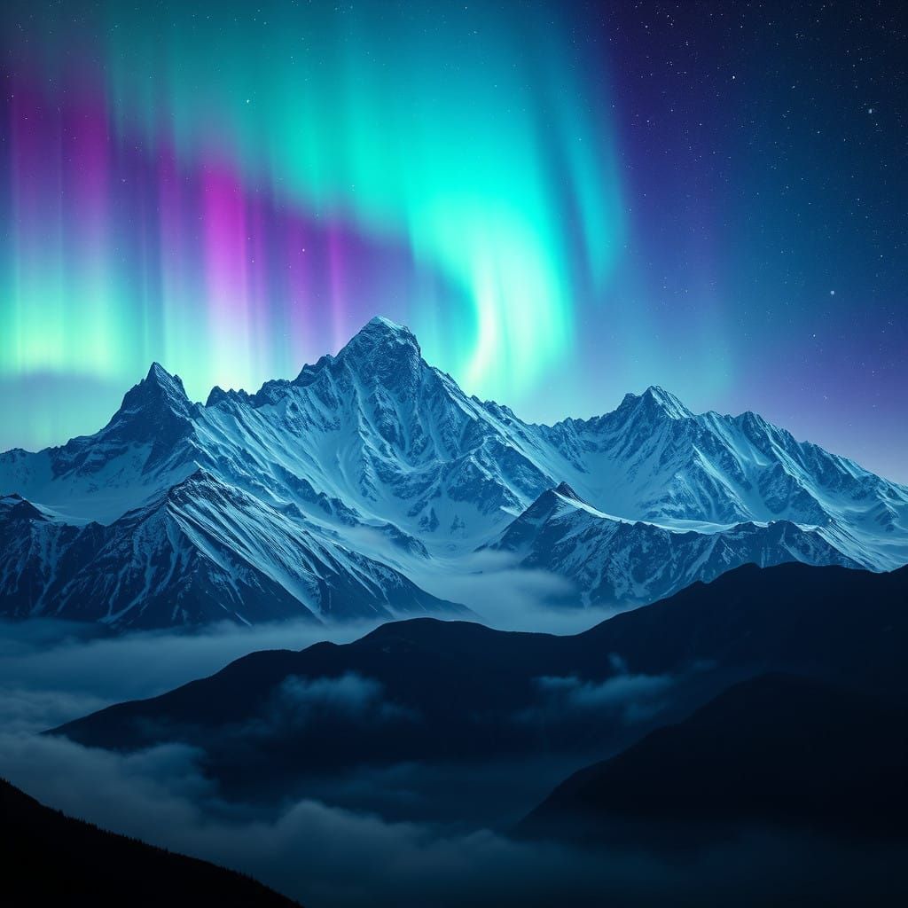 Surreal Mountain Landscape Under Vibrant Northern Lights