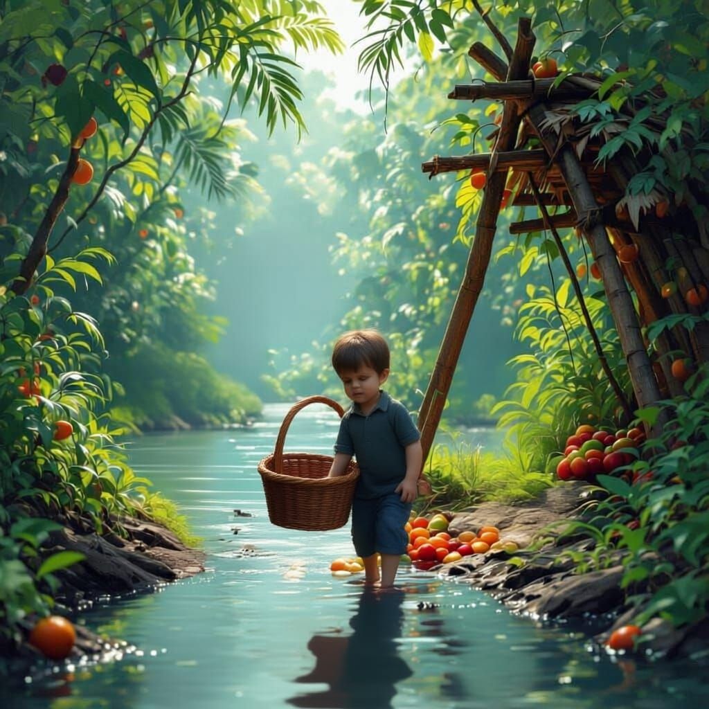 Boy's Jungle Adventure: Picking, Fishing, Building