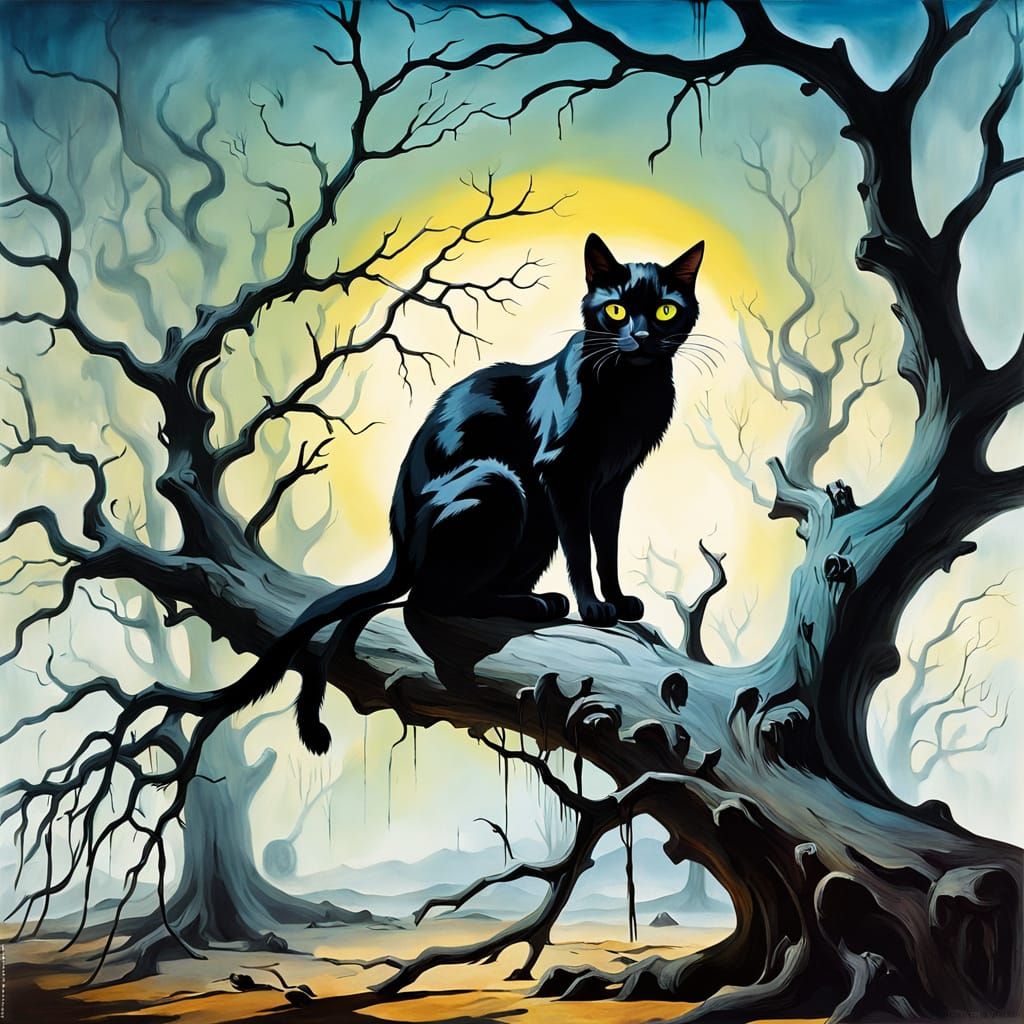 Surreal Black Cat on Dead Tree by Dalí Style