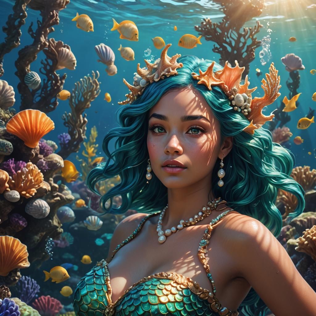 Underwater Mermaid Scene with Coral Reef, Digital Painting