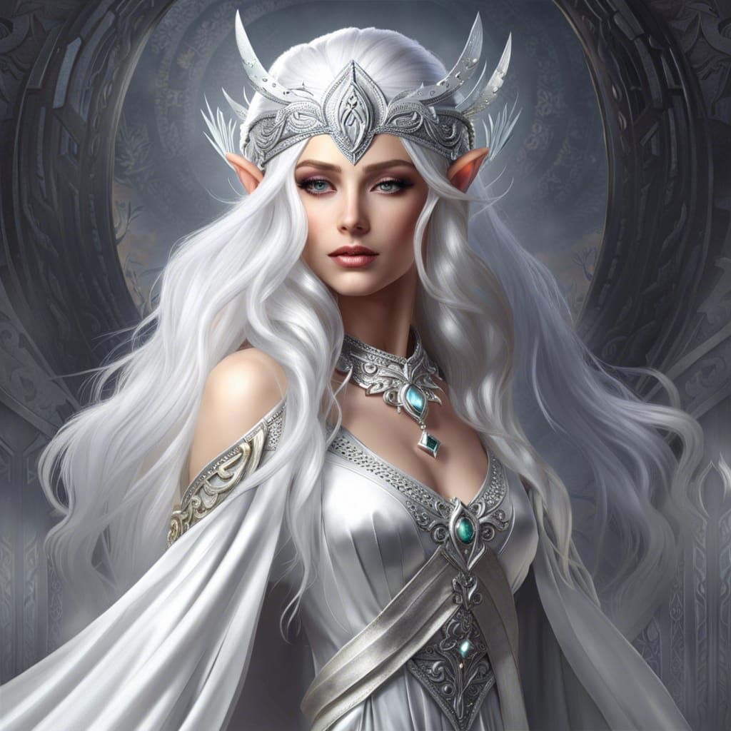 Fantasy Elven Woman with Silver Hair and Headdress