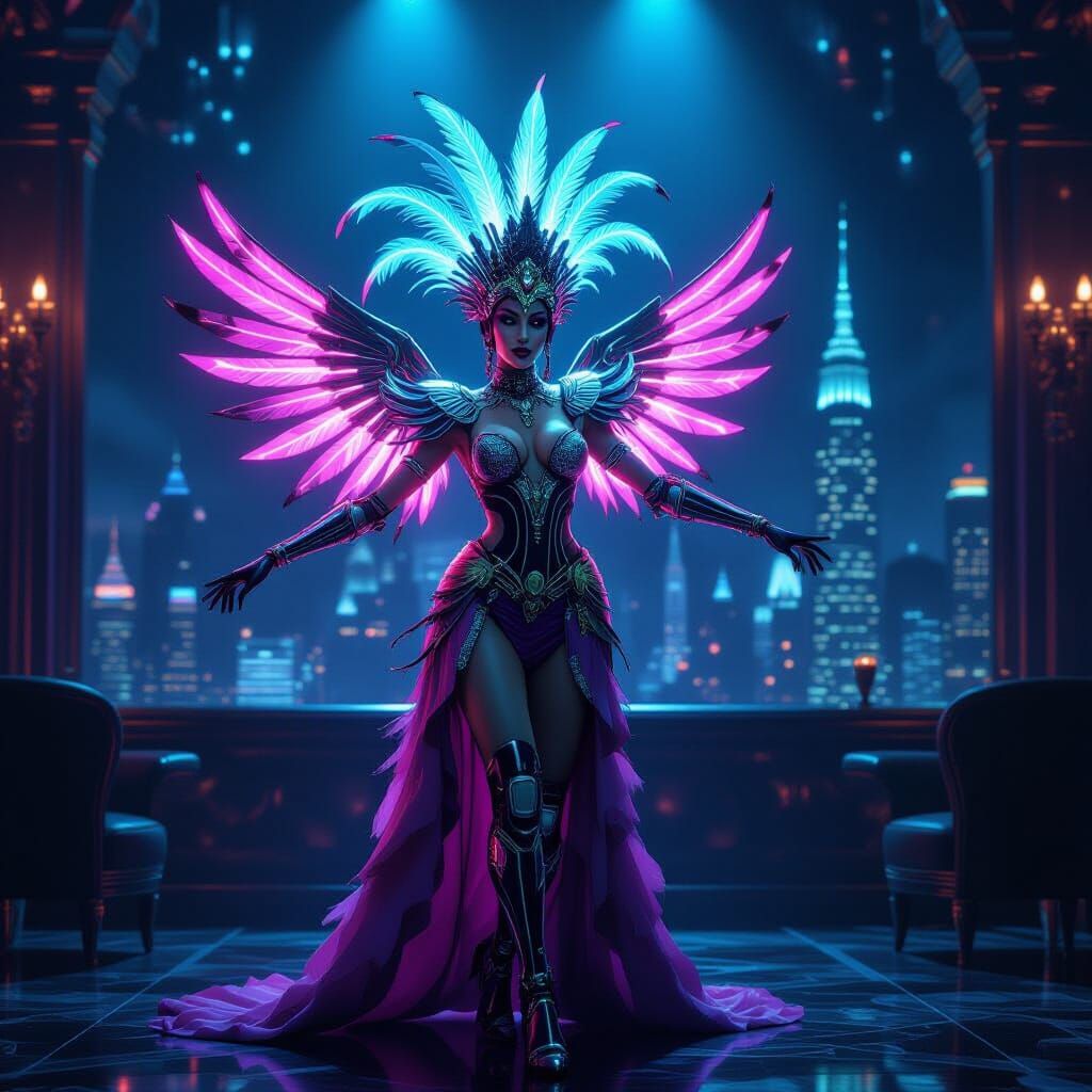 Biomechanical Showgirl Dancing in Noir Nightclub