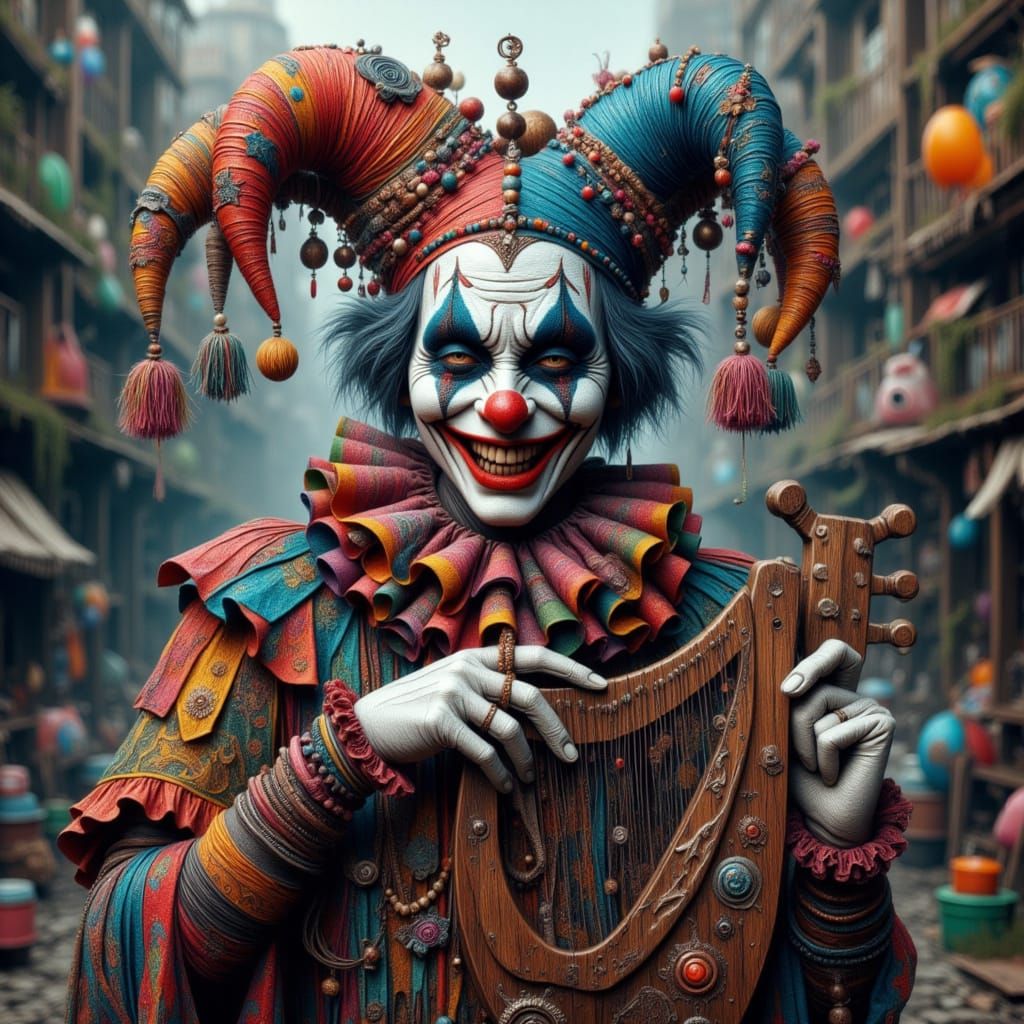 Whimsical Harlequin Jester Plays a Vibrant Harp