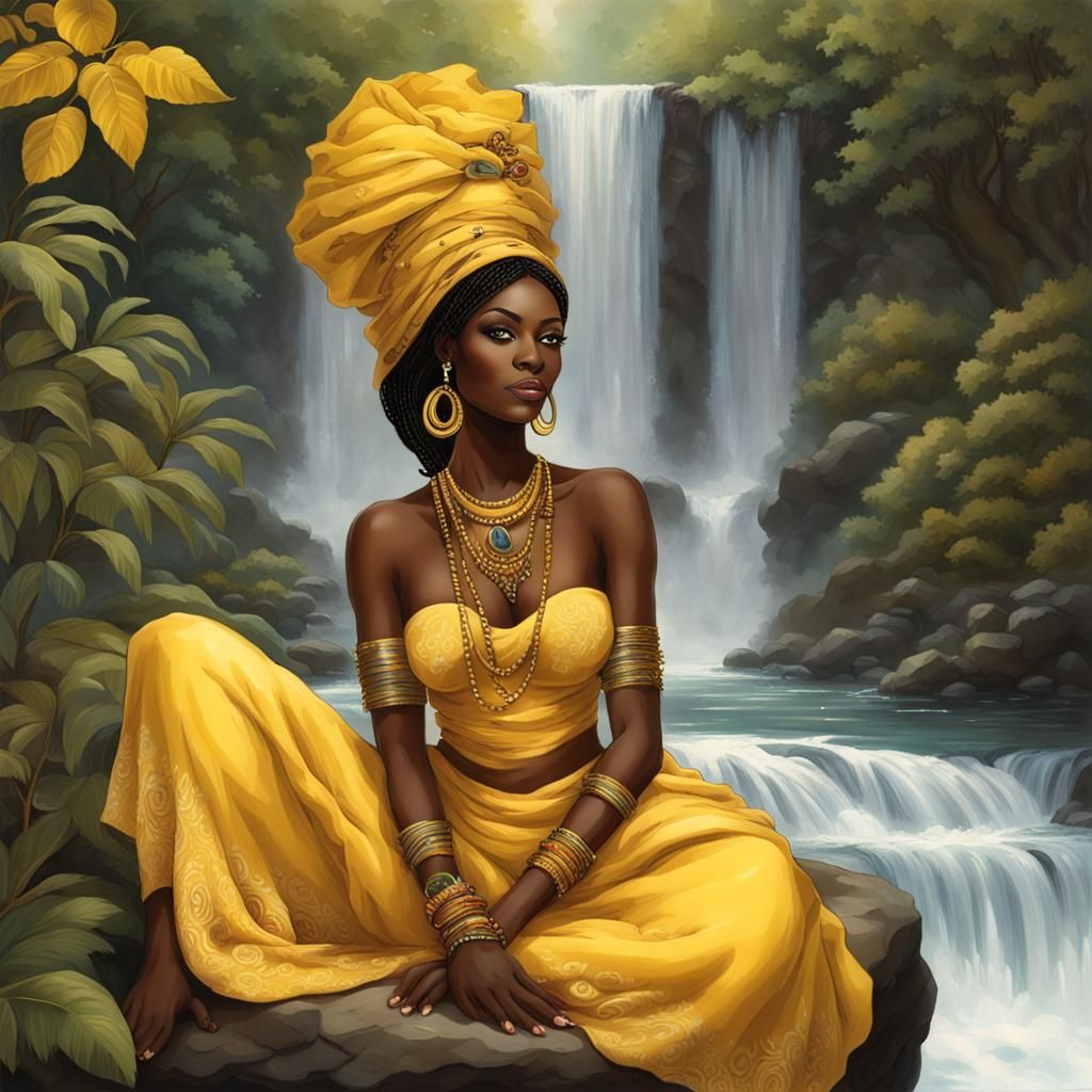 Elegant Yoruba Goddess Oshun in Luxurious Golden Attire