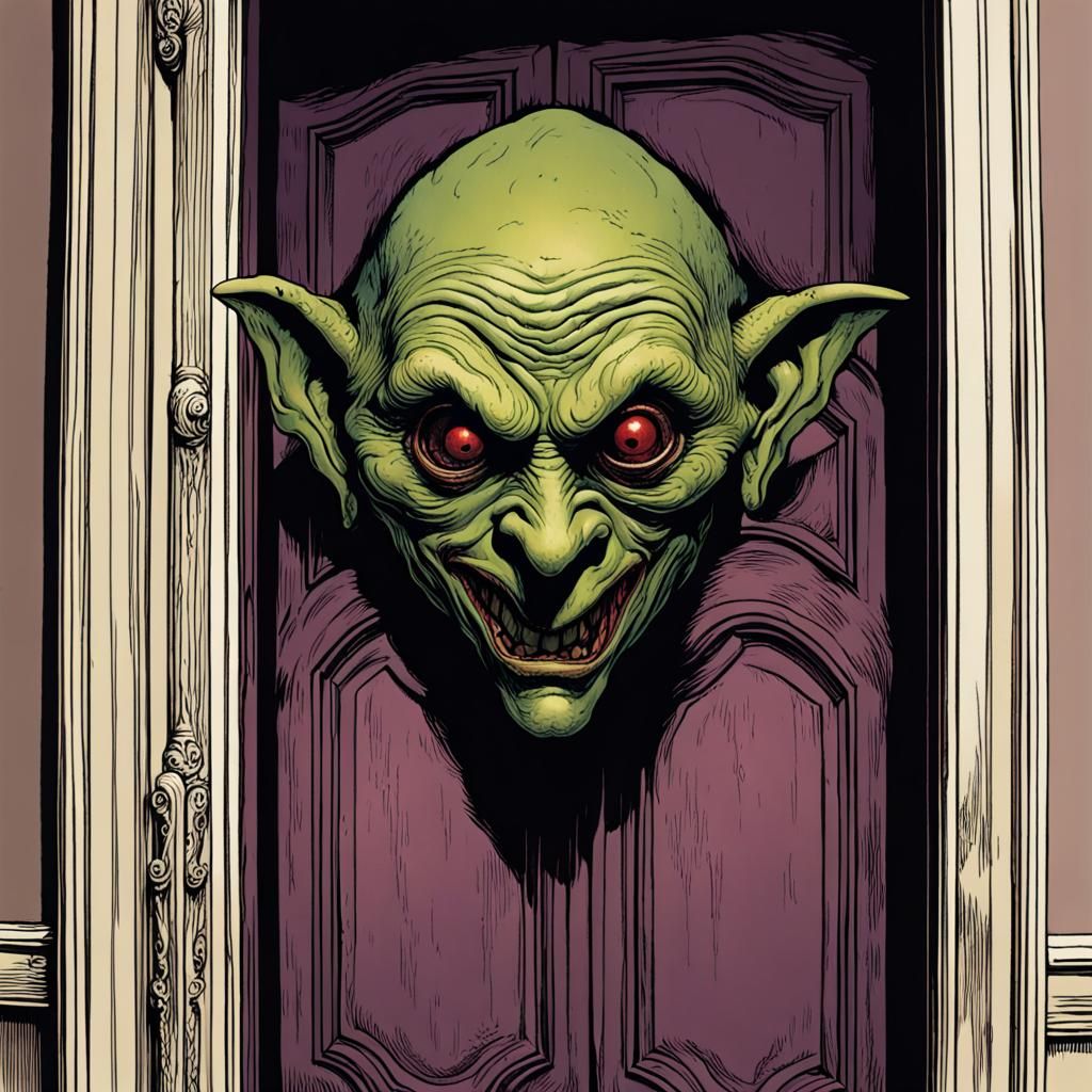 Scary,Creepy,Goblin face, bedroom closet door open,Versailles french patterns,in the style of Creepy Magazine,deep color...