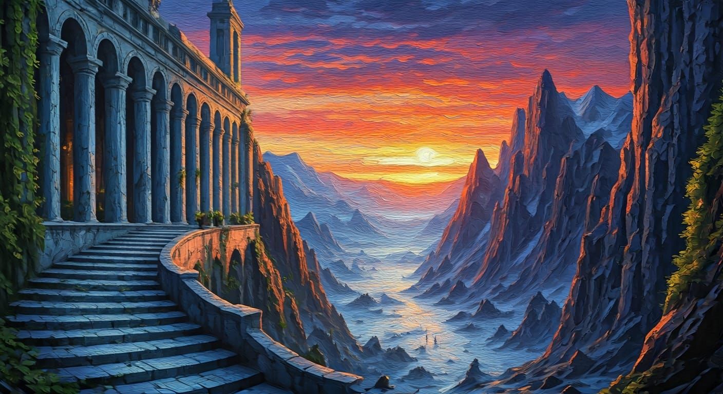 Impressionist Marble Temple City at Sunset as Impasto Painti...