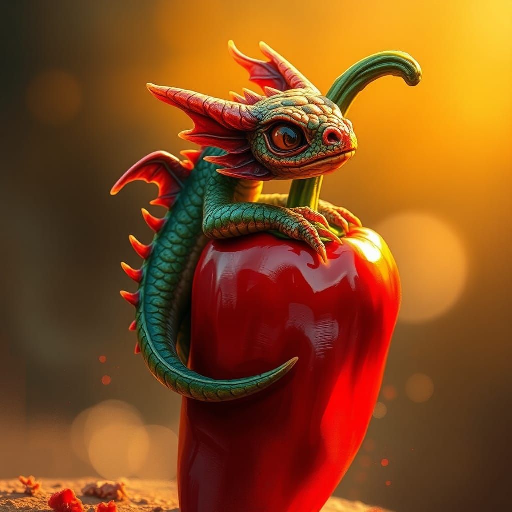 Fiery Dragon Embraces Jalapeño Pepper in Painterly Style