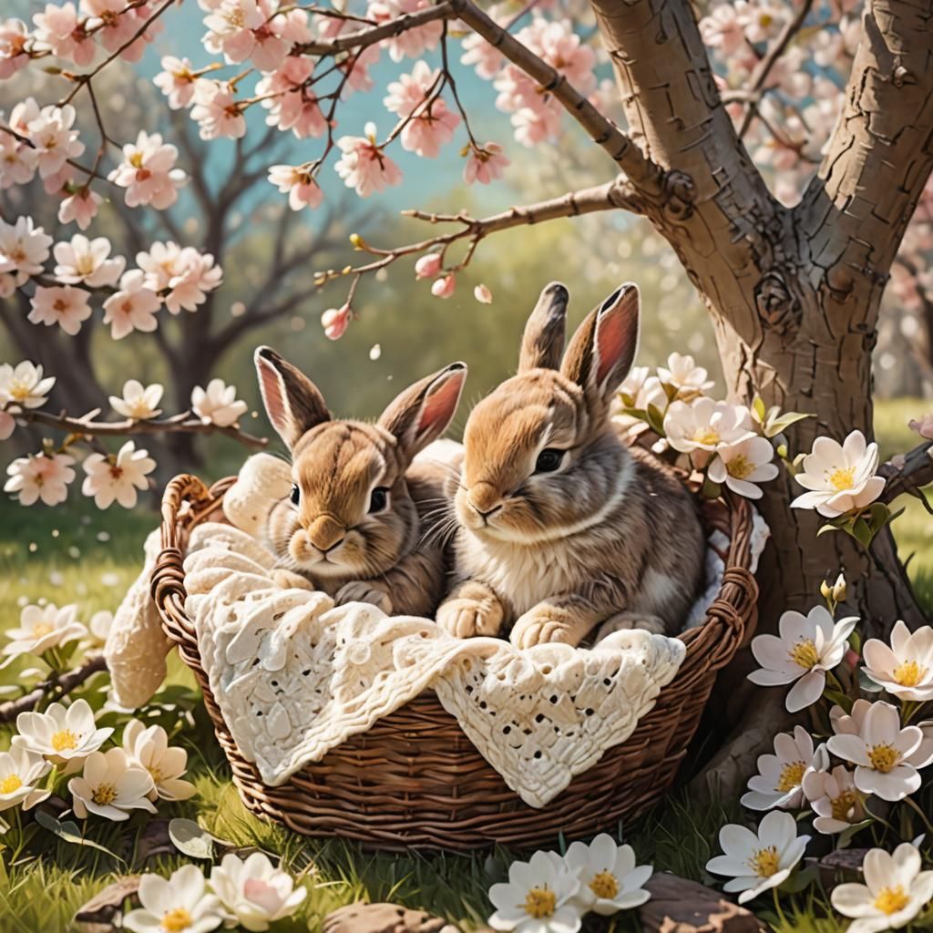 Dreamy Baby Bunnies Under Blossoming Tree