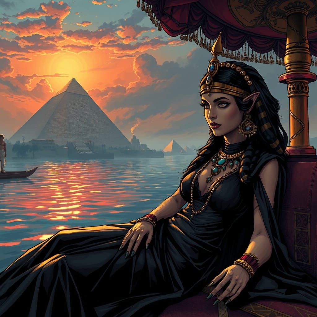 Goth Cleopatra on the Nile in Comic Book Art Style