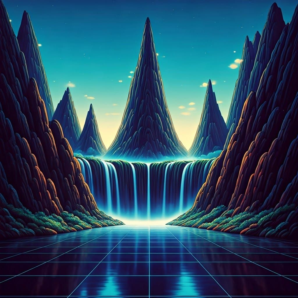 Surreal Disco Mountain Landscape in 3D Anime Style