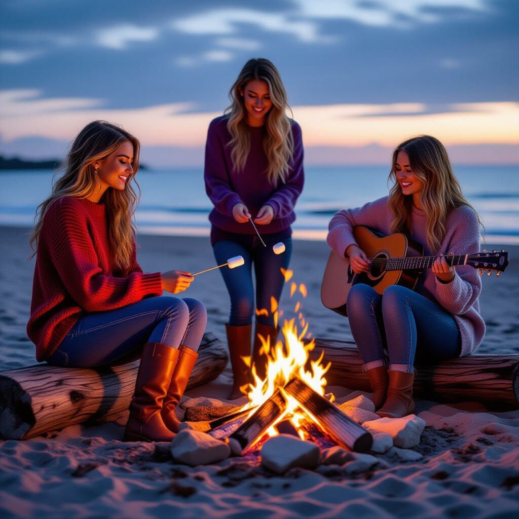 Friends Enjoying Bonfire on Beach at Night