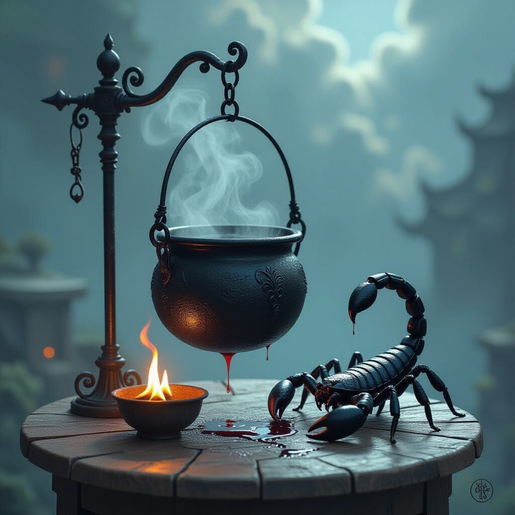 Ornate Black Cauldron with Scorpion in Mystical Style