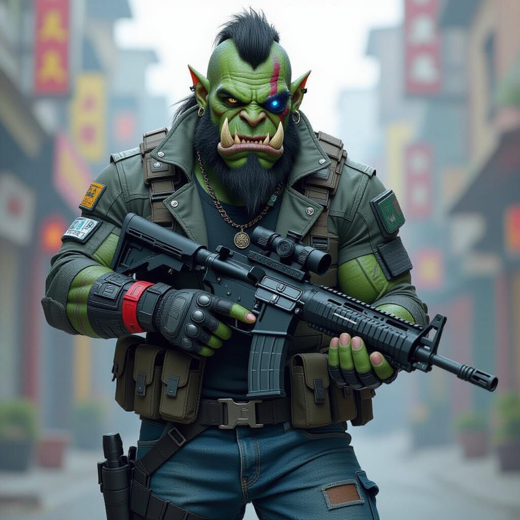 Cyberpunk Orc Warrior with Cybernetic Eye and SMG
