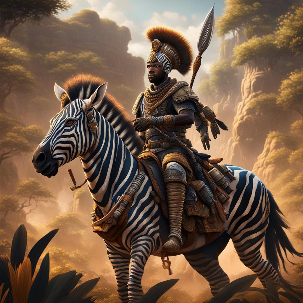 African Warrior Zebra Rider in Detailed Matte Painting