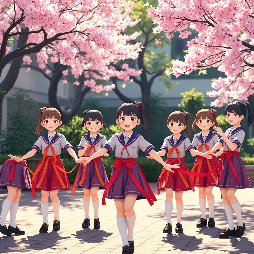 Colorful Schoolgirls Dance with Ribbons in Cherry Blossom Co...